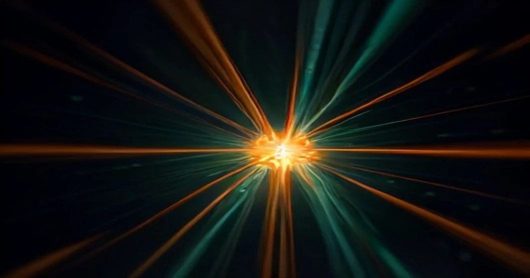 Streaks of orange and teal light converging on a single bright point against a dark background — the routing layer that funnels DICOM studies to an AI engine