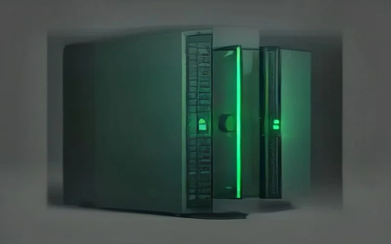 A dark server tower with a vertical green status light