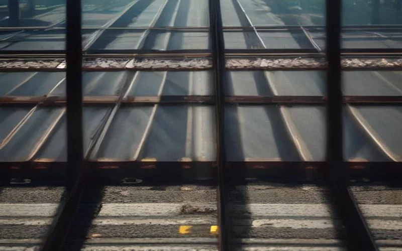 Steel railway tracks running side by side with a junction crossing them