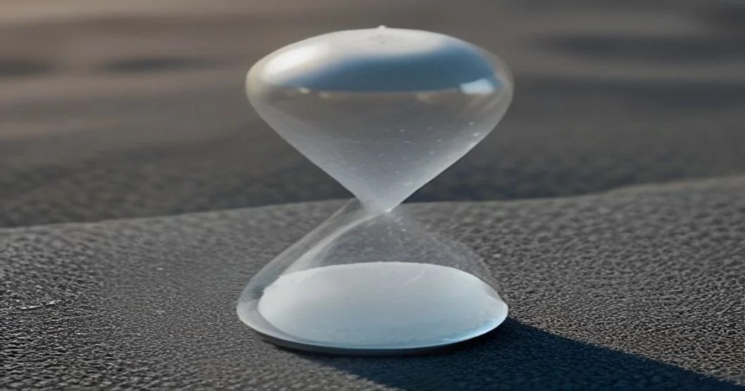A clear glass hourglass standing on dark textured ground — radiology turnaround time is four clocks, not one