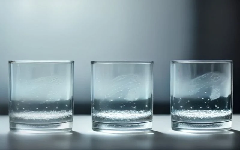 Three identical glass tumblers in a row, each holding a shallow layer of water