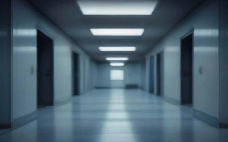 A long, empty hospital corridor lit by rows of overhead panels
