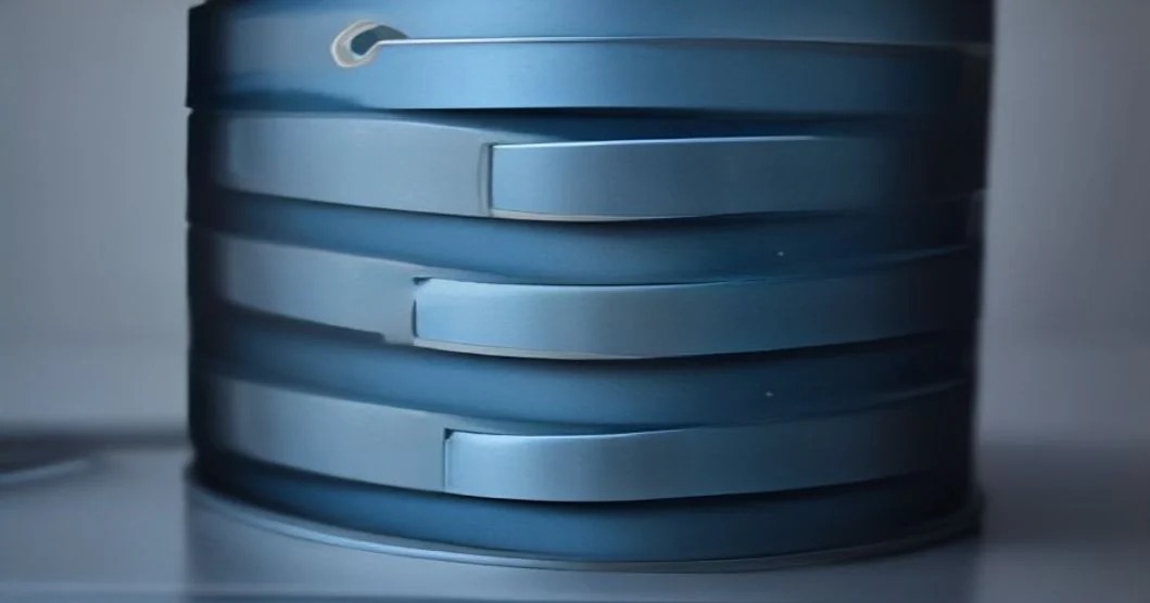 A stack of blue disc-shaped storage units on a pale surface, lit from the side — the vendor neutral archive that holds a hospital's images of record