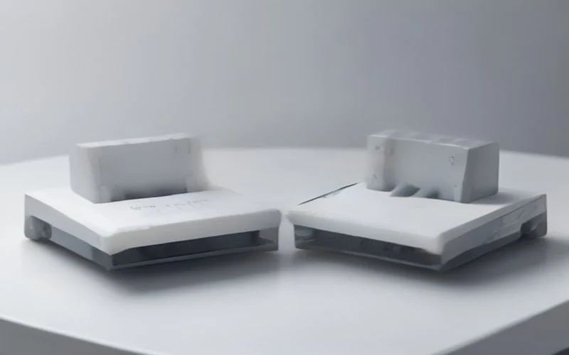 Two identical white hardware units standing side by side on a bright white table