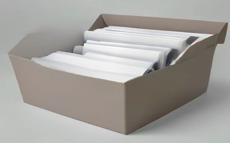 An open cardboard archive box filled with upright white document folders